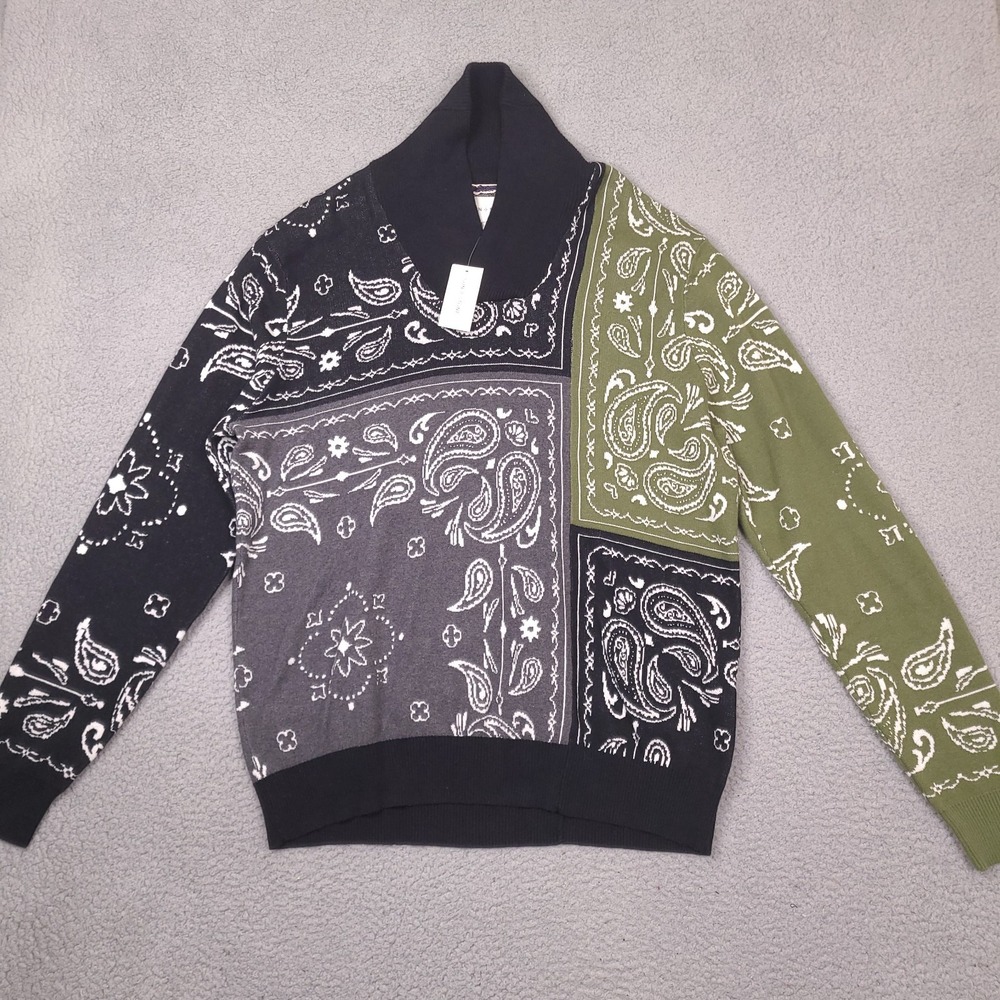 Sun + Stone Sweater Mens XL Deep Black Paisely Shawl Neck Preppy Designer NWT